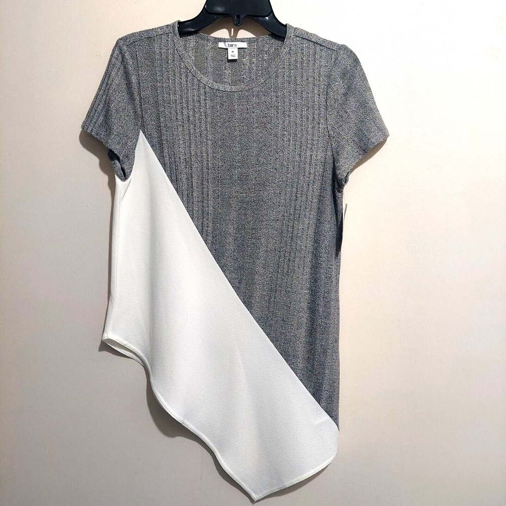 Bar III Womens Medium Pullover Top Asymmetrical Hem Gray White NEW Retail $49.50